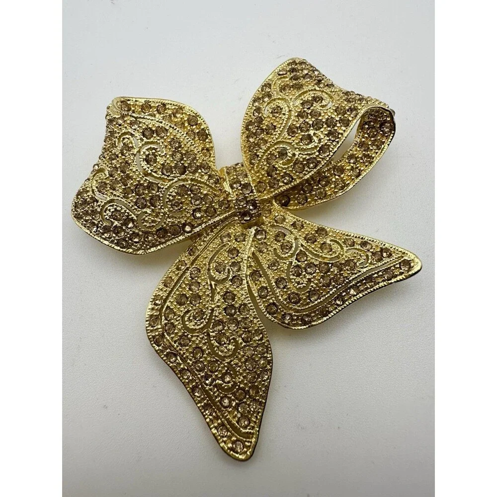 Vintage Gold Tone Rhinestone Large Bow Brooch Pin
